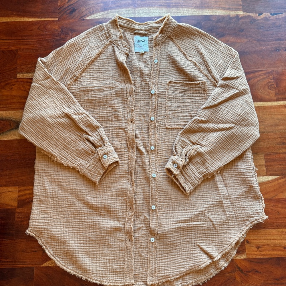 Aerie Pool to Party Caramel Button Down Coverup Shirt